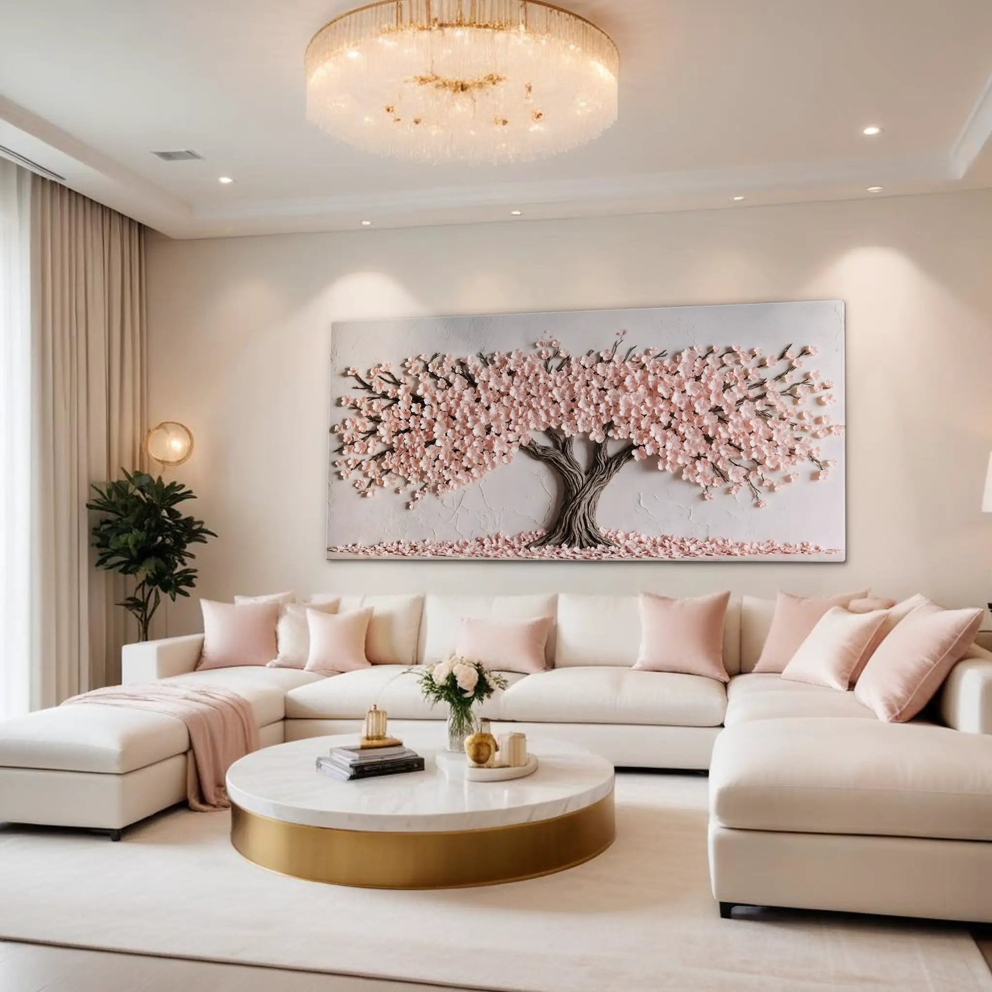 Blush Blossom Wall Art canvas by Tailored Canvases with pink blossoms in a neutral living room on Tampa Home & Garden Store