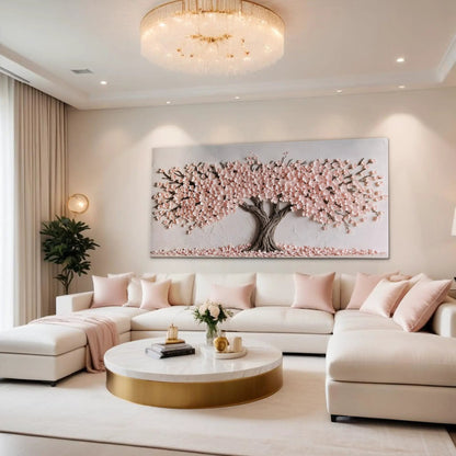 Blush Blossom Wall Art canvas by Tailored Canvases with pink blossoms in a neutral living room on Tampa Home & Garden Store