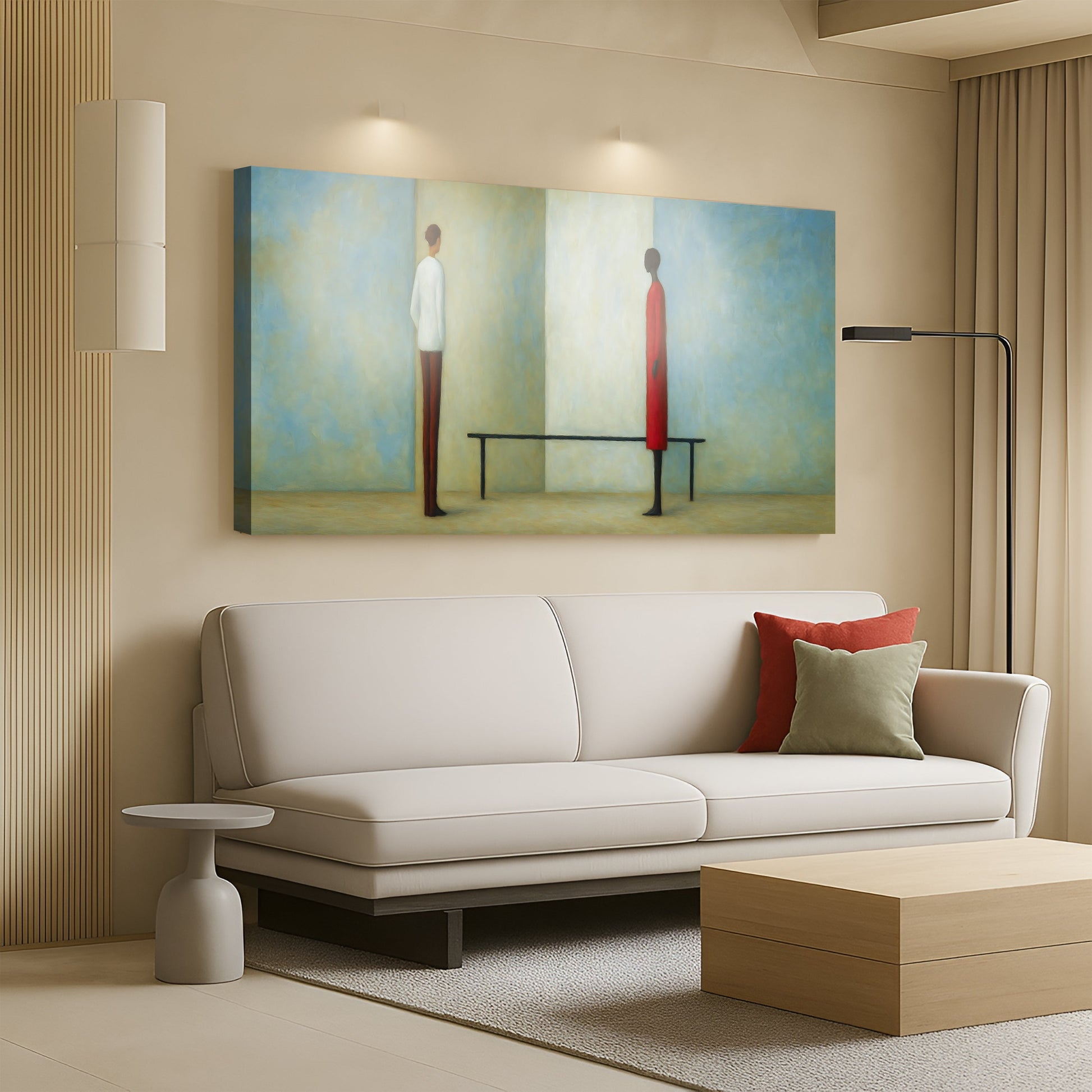 Confrontation Abstract Wall Art canvas Tailored Canvases, blue beige tones in a modern space on Tampa Home & Garden Store