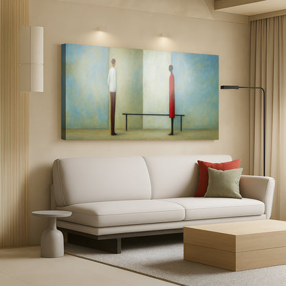 Confrontation Abstract Wall Art canvas Tailored Canvases, blue beige tones in a modern space on Tampa Home & Garden Store
