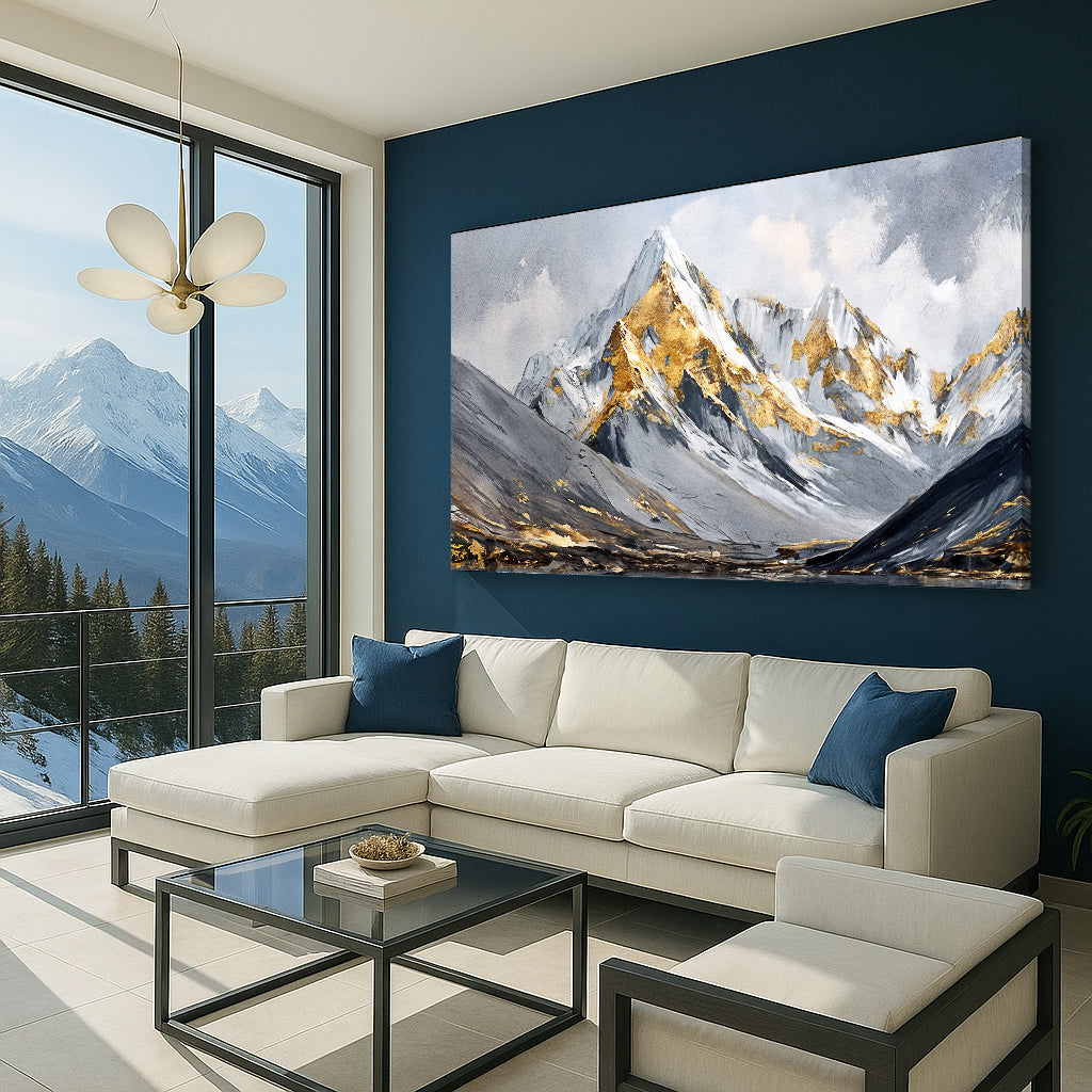 Mountain Minimalist Wall Art III canvas with gold accents on a dark blue wall on Tampa Home & Garden Store