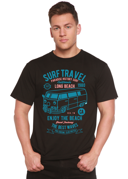 Surf Travel Spun Bamboo men's short sleeve graphic T-shirt in black with teal bus print on Tampa Home & Garden Store