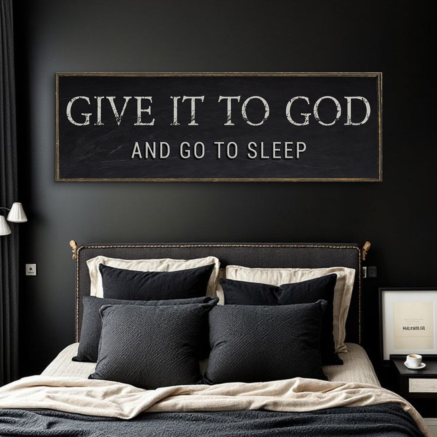 Canvas bedroom sign Give It To God And Go To Sleep with white lettering on black wood frame on Tampa Home & Garden Store