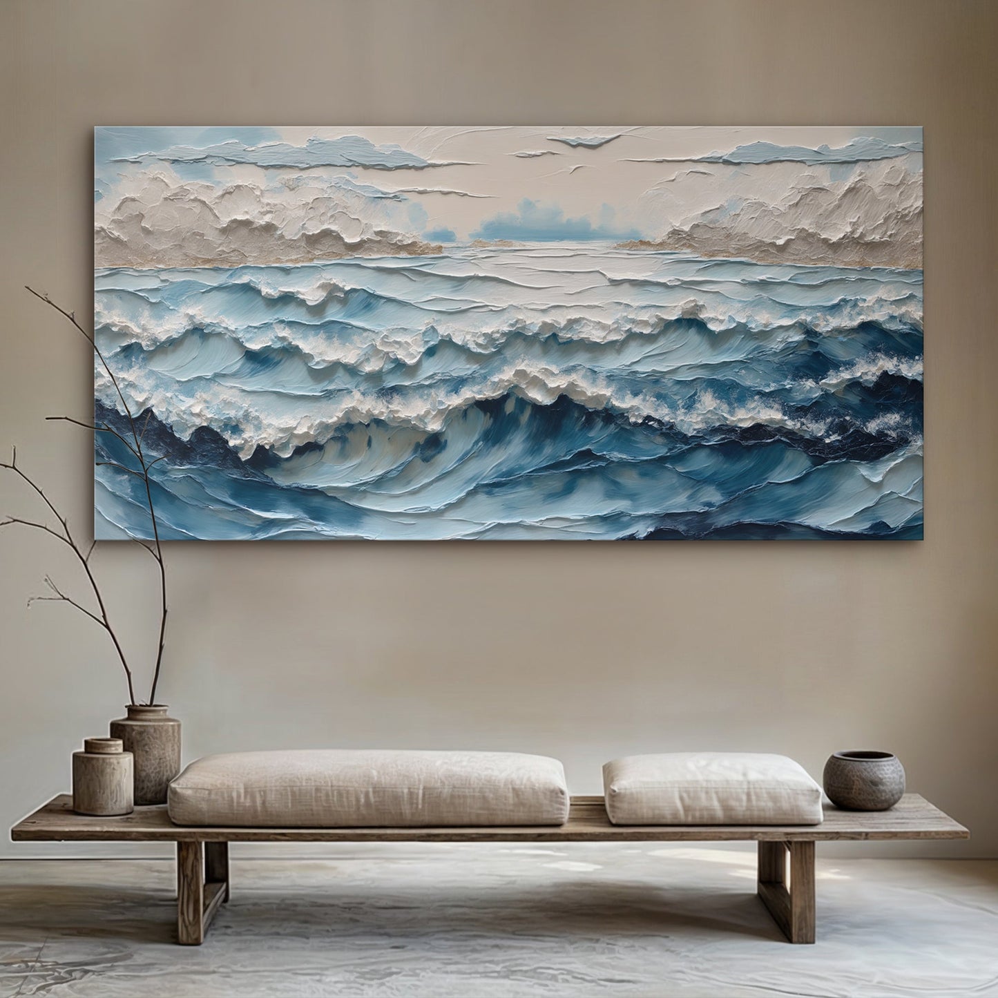Ocean Embrace Canvas wall art by Tailored Canvases, textured blue sea with foam and pale clouds on Tampa Home & Garden Store