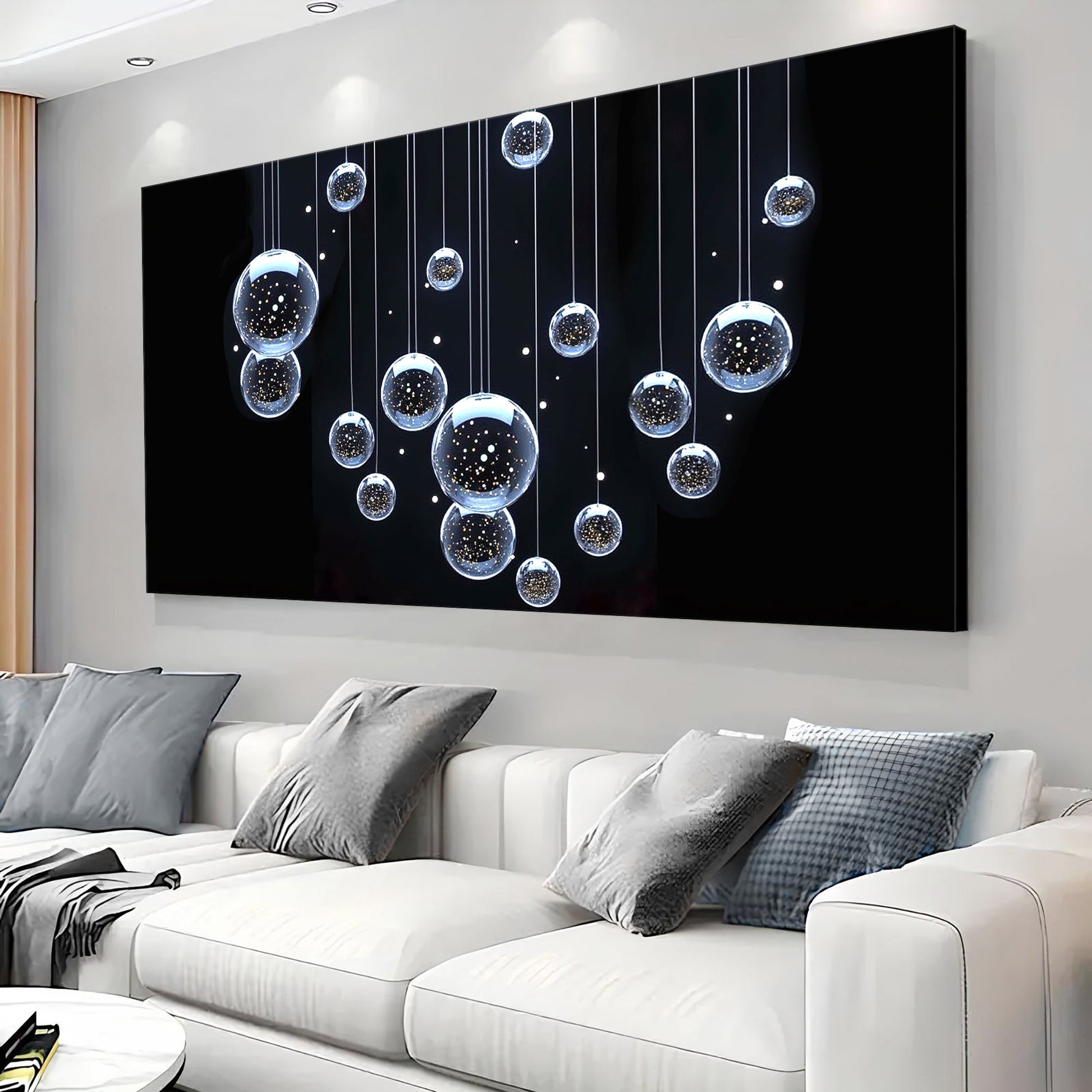 Modern Abstract Bubbles canvas wall art, black background with hanging bubble motifs on Tampa Home & Garden Store