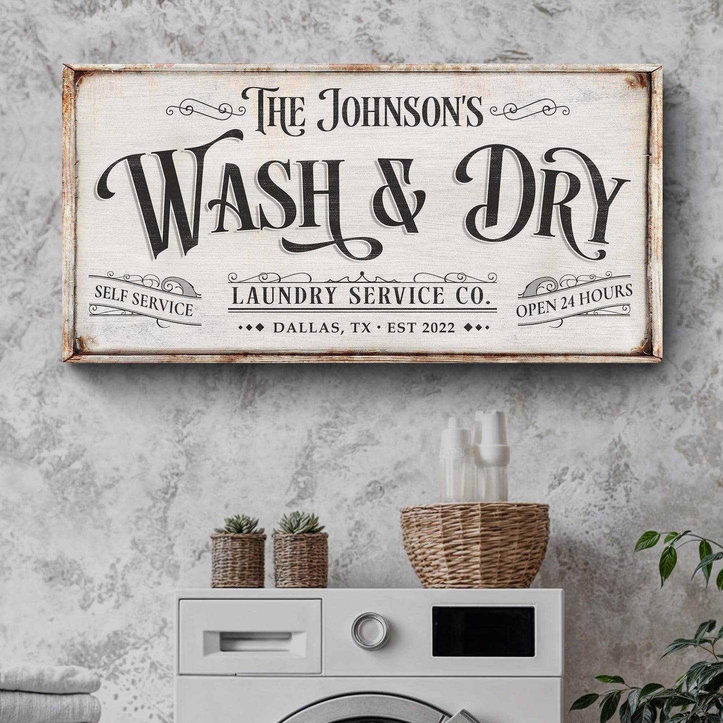 Personalized Laundry Service Sign canvas by Tailored Canvases with rustic wood frame on Tampa Home & Garden Store
