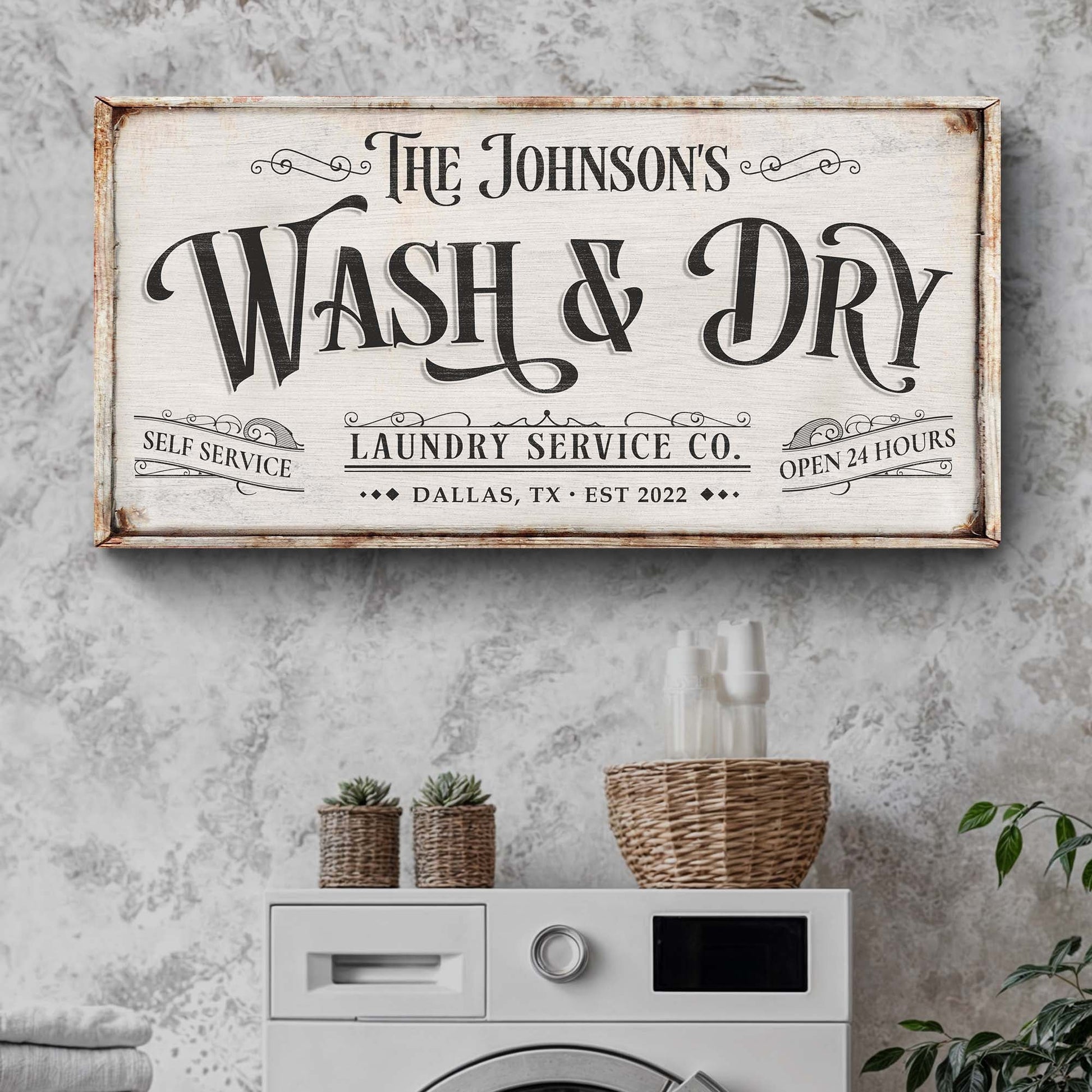 Personalized Laundry Service Sign canvas by Tailored Canvases with rustic wood frame on Tampa Home & Garden Store