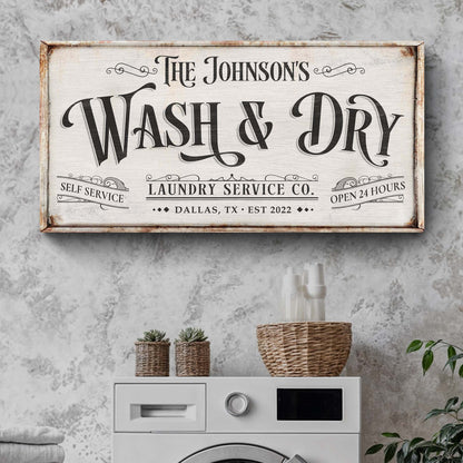 Personalized Laundry Service Sign canvas by Tailored Canvases with rustic wood frame on Tampa Home & Garden Store