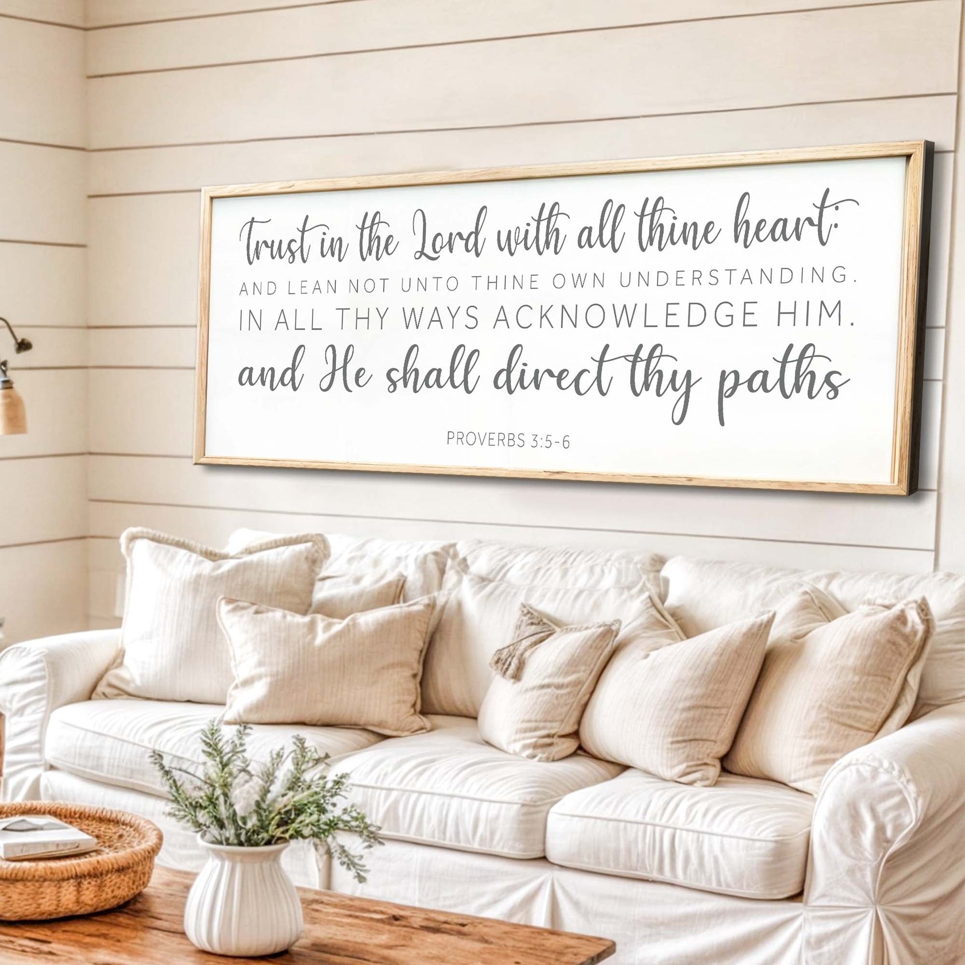 Proverbs 3:5-6 Faith Wall Sign canvas by Tailored Canvases natural wood frame on shiplap wall on Tampa Home & Garden Store