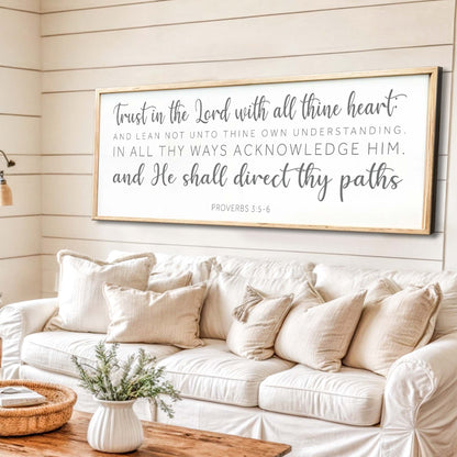 Proverbs 3:5-6 Faith Wall Sign canvas by Tailored Canvases natural wood frame on shiplap wall on Tampa Home & Garden Store
