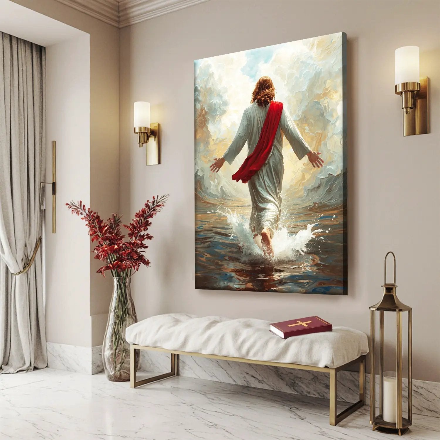 Jesus Christ Walking On Water Faith Wall Art IX canvas Tailored Canvases, red sash on Tampa Home & Garden Store