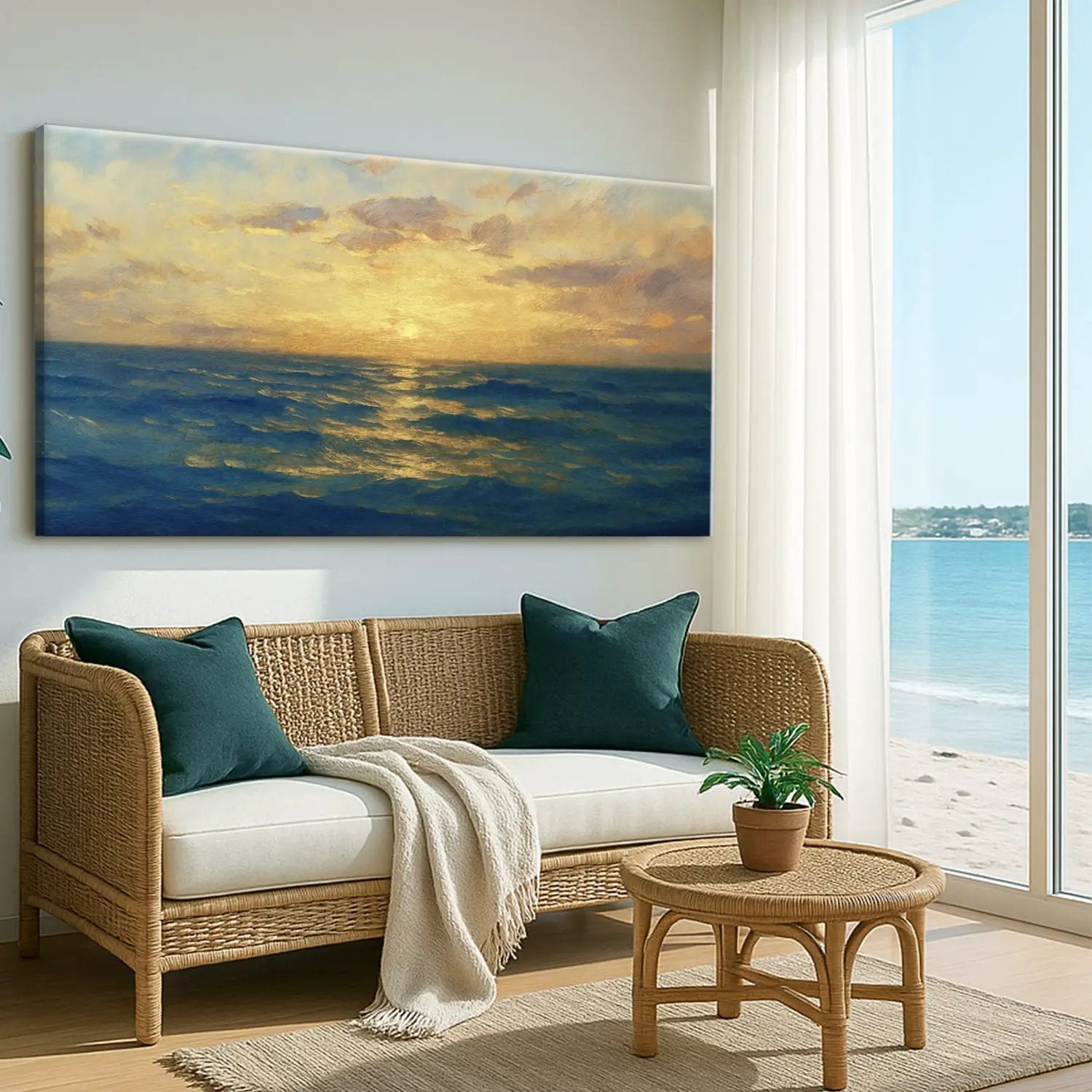 Waterscape Abstract Wall Art VII Tailored Canvases; sunset over blue water above wicker sofa on Tampa Home & Garden Store
