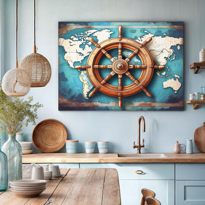 Sailboat ship wheel canvas with wooden wheel and map backdrop by Tailored Canvases on Tampa Home & Garden Store