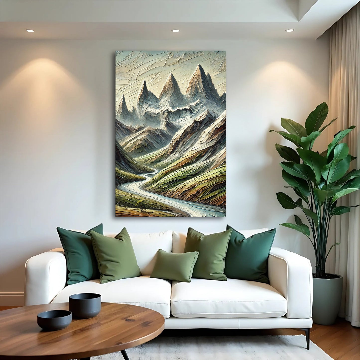 Abstract Mountain and River Landscape II canvas by Tailored Canvases; wall art with textured peaks in blue on Tampa Home & Garden Store