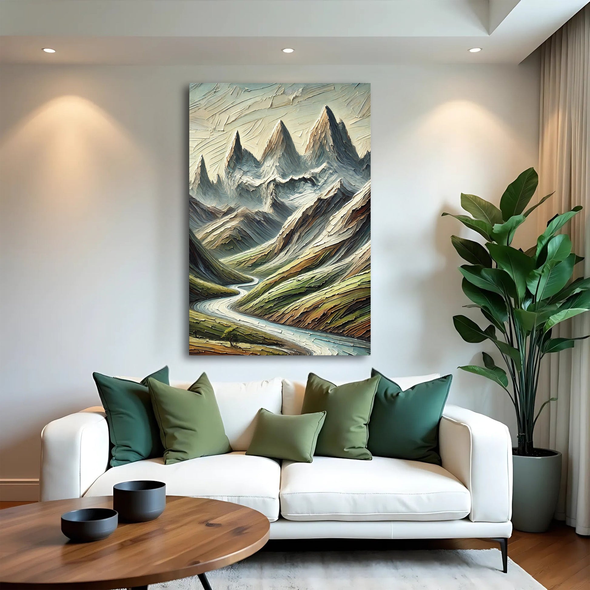 Abstract Mountain and River Landscape II canvas by Tailored Canvases; wall art with textured peaks in blue on Tampa Home & Garden Store