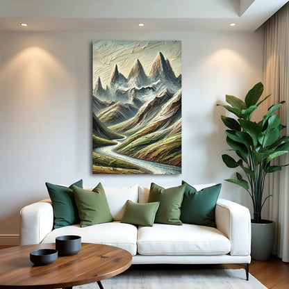 Abstract Mountain and River Landscape II canvas by Tailored Canvases; wall art with textured peaks in blue on Tampa Home & Garden Store