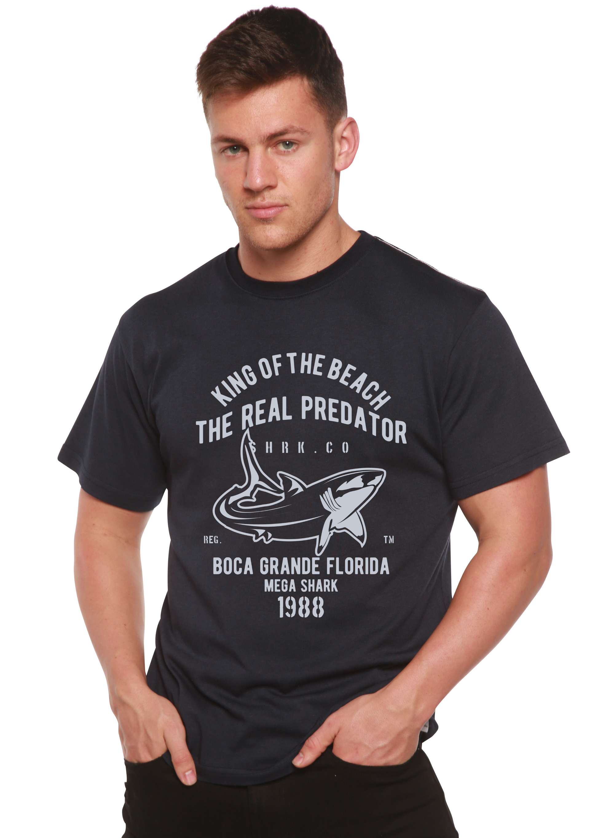 Shark Real Spun Bamboo men's graphic T-shirt with shark print on bamboo viscose/organic cotton on Tampa Home & Garden Store