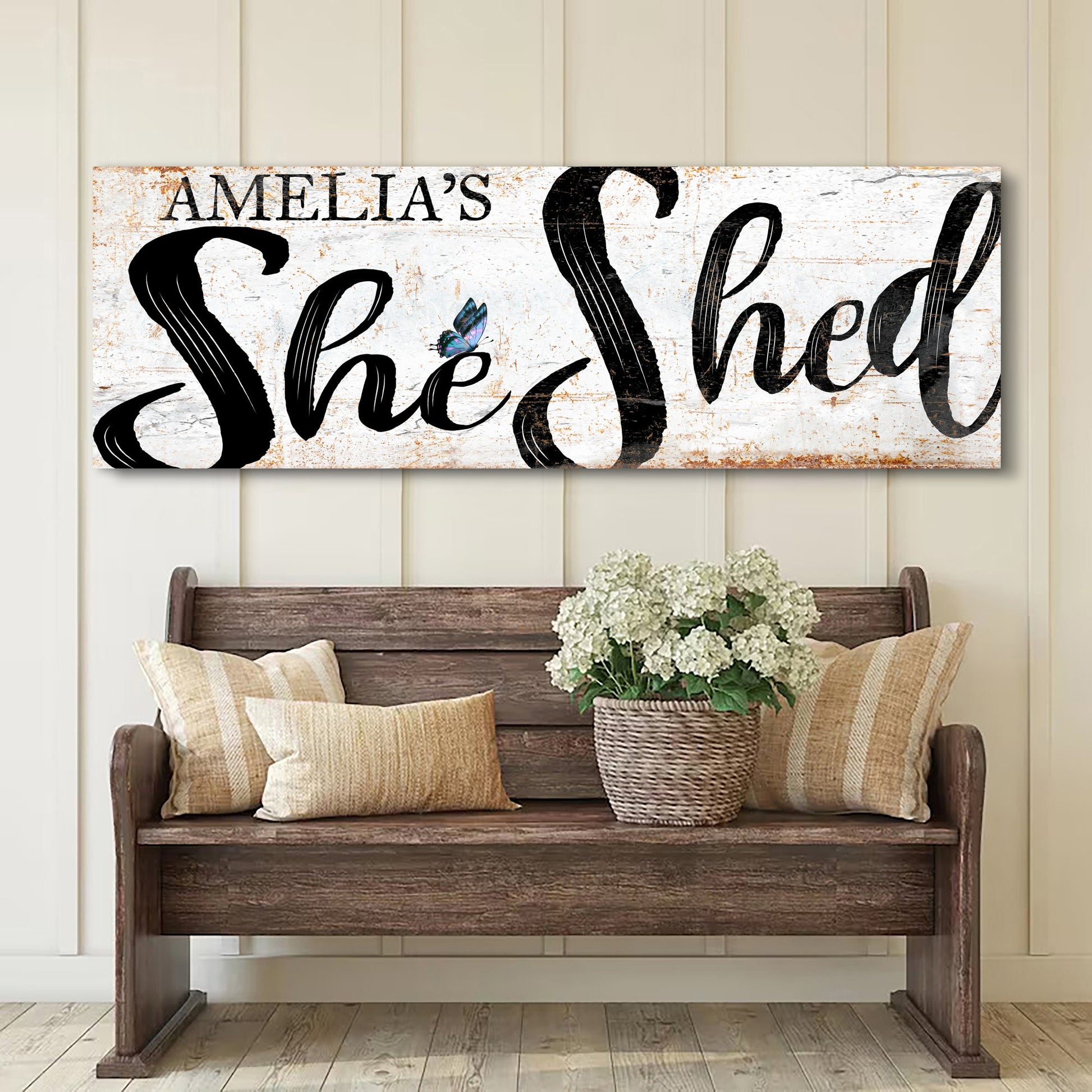 Personalized She Shed Sign VIII canvas by Tailored Canvases with distressed white background on Tampa Home & Garden Store