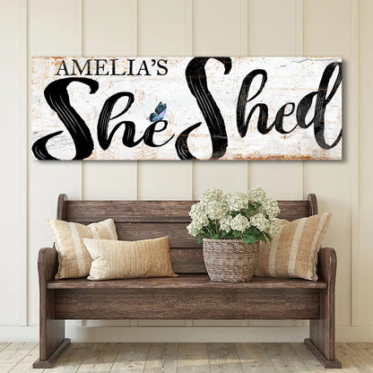 Personalized She Shed Sign VIII canvas by Tailored Canvases with distressed white background on Tampa Home & Garden Store