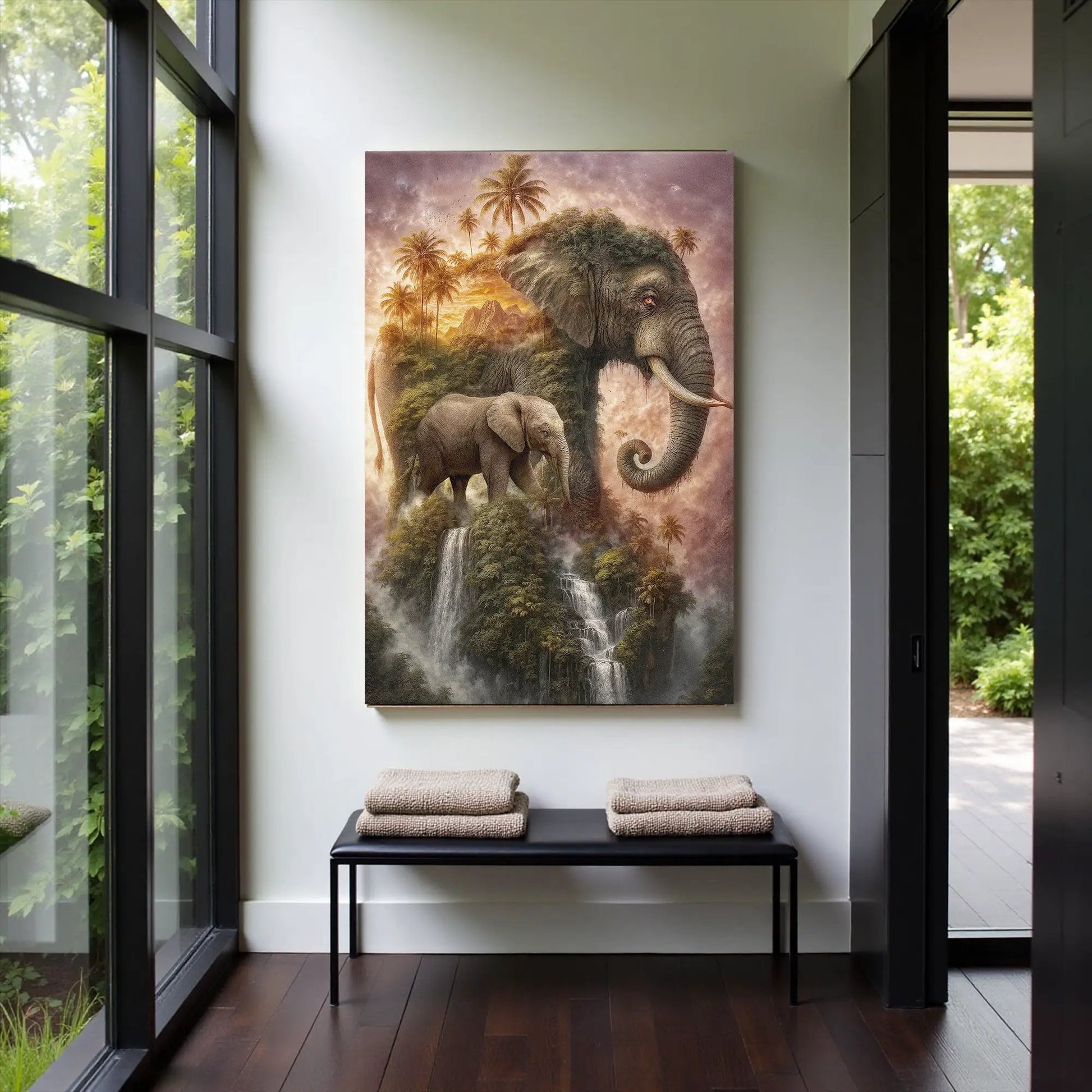 Elephant Jungle Majesty canvas wall art showing elephants in a tropical jungle with palms on Tampa Home & Garden Store