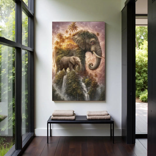 Elephant Jungle Majesty canvas wall art showing elephants in a tropical jungle with palms on Tampa Home & Garden Store