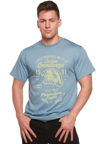 Men's Custom Speedways Eagle graphic T-shirt by Spun Bamboo in light blue bamboo viscose/organic cotton, short sleeve on Tampa Home & Garden Store
