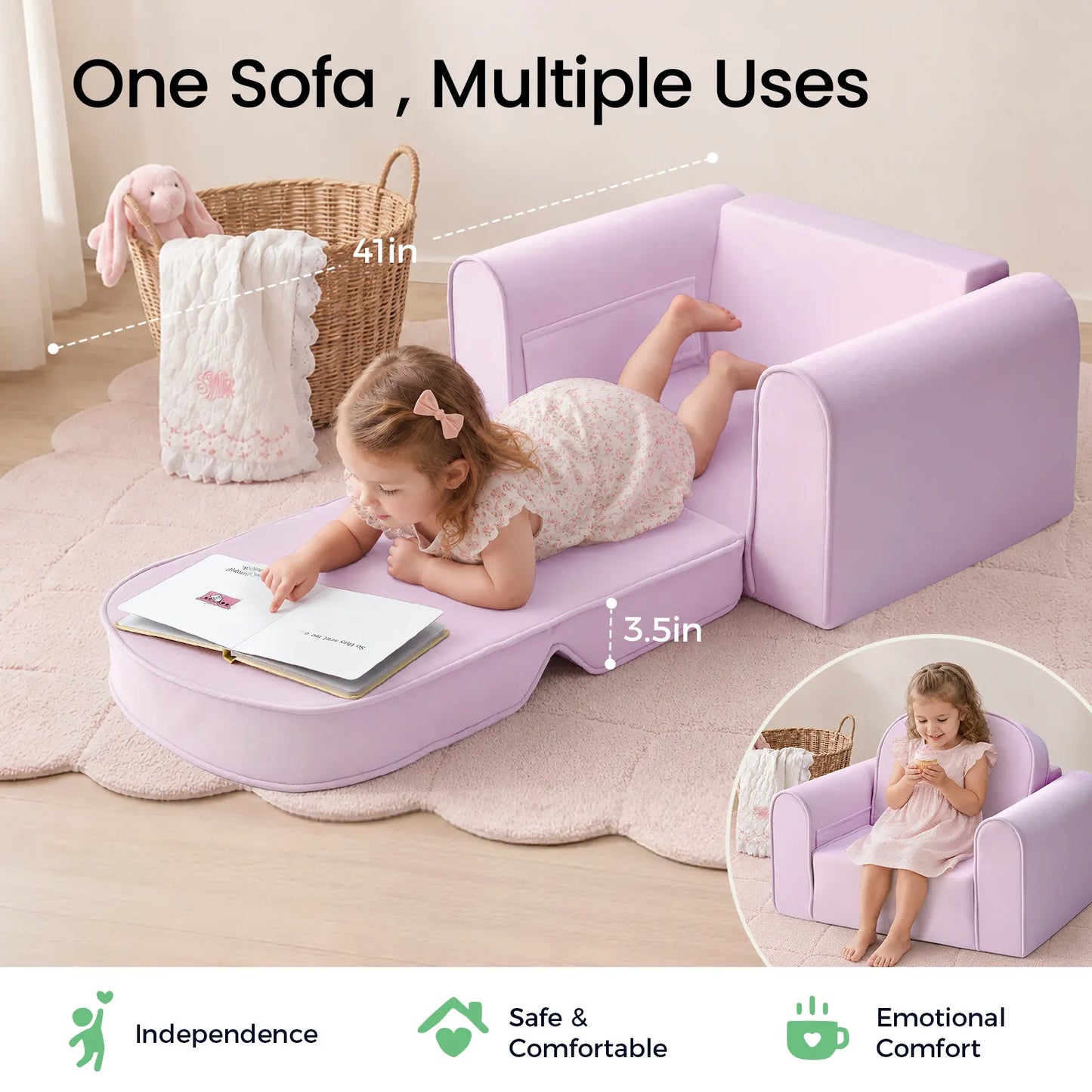 Tiny Land® GentleSnug Kids Sofa Chair lavender play sofa for kids with a child lying and reading on Tampa Home & Garden Store