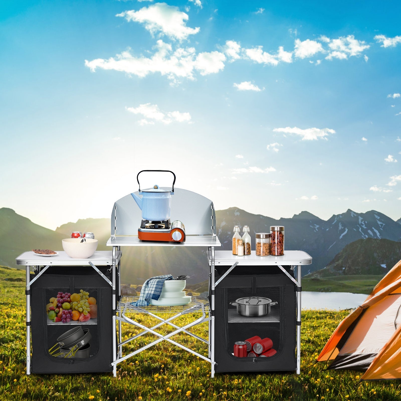 GemGear Folding Camping Table with Storage Organizer, 3-piece silver aluminum frames on Tampa Home & Garden Store