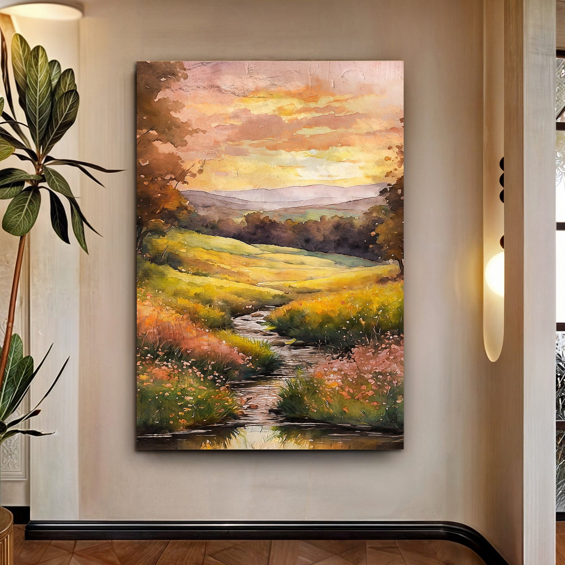 Misty River Wall Art canvas landscape with a warm sunset over a winding river and hills on Tampa Home & Garden Store
