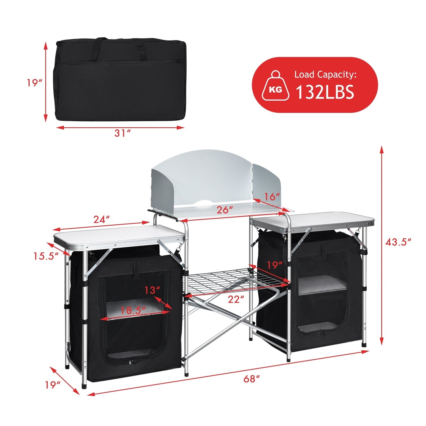 GemGear folding camping table with storage organizer in black, portable with shelves on Tampa Home & Garden Store