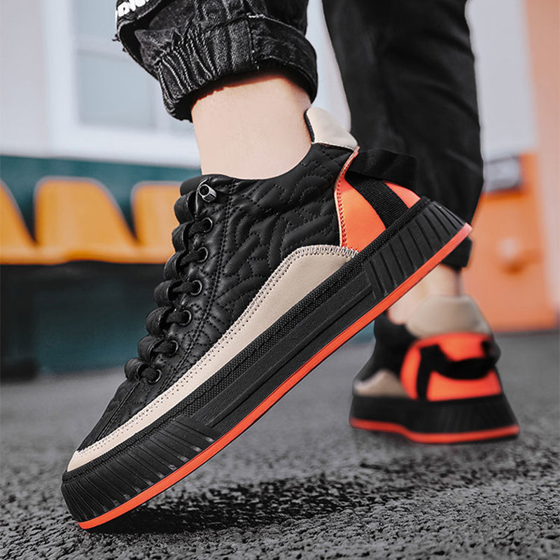 Stevvex sneakers, black quilted upper with beige stripe, lace-up, orange heel, thick sole on Tampa Home & Garden Store