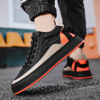Stevvex sneakers, black quilted upper with beige stripe, lace-up, orange heel, thick sole on Tampa Home & Garden Store