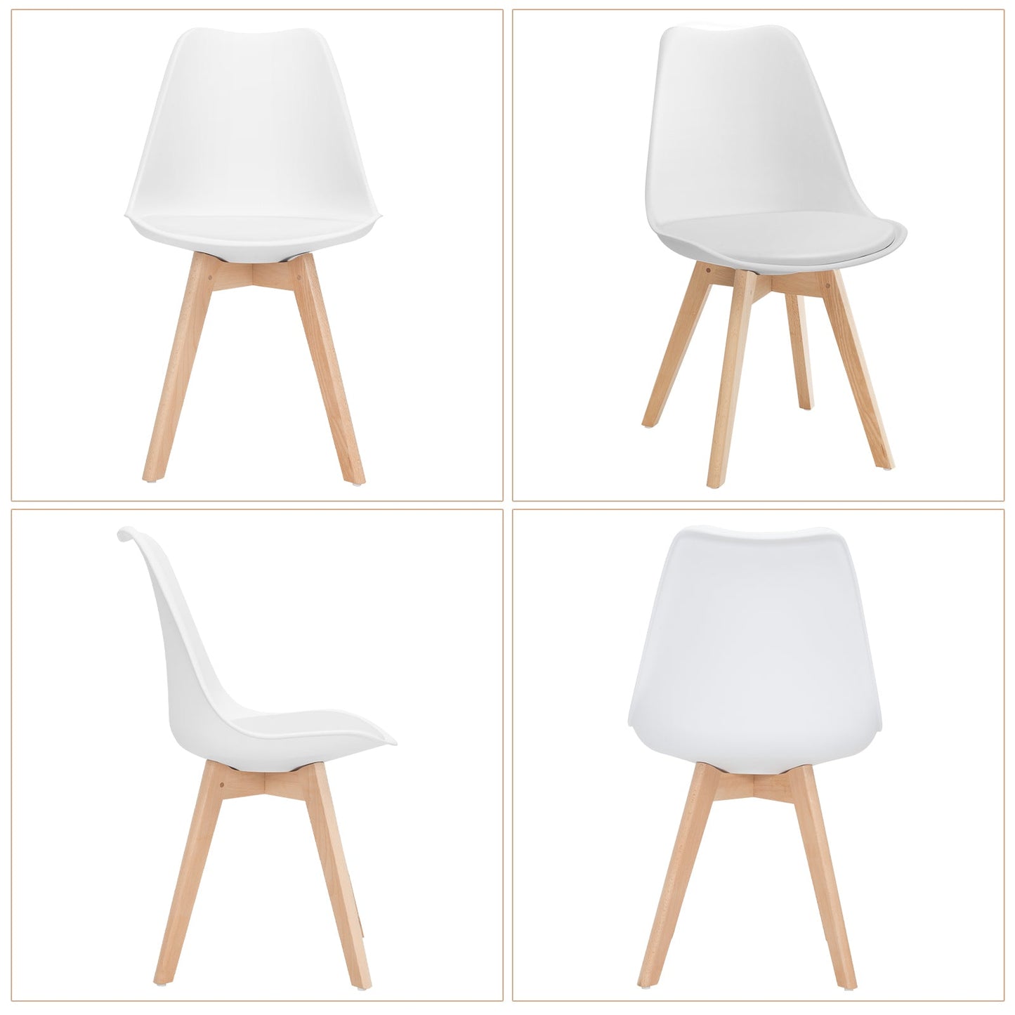 Juego de 4 sillas de comedor modernas de mediados de siglo con carcasa de PU y patas de madera - Blancas