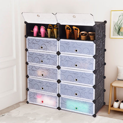 Zapatero portátil de plástico de 12 cubos DIY con puertas transparentes - Negro