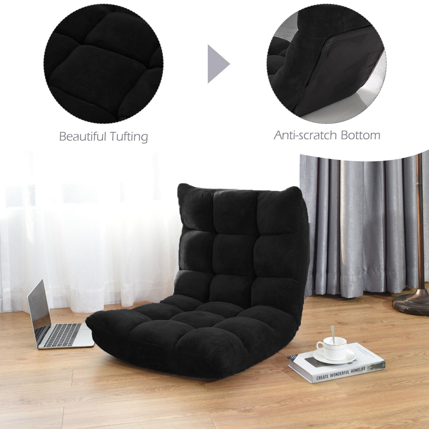 Sillón plegable de suelo reclinable de 14 posiciones para videojuegos – Negro