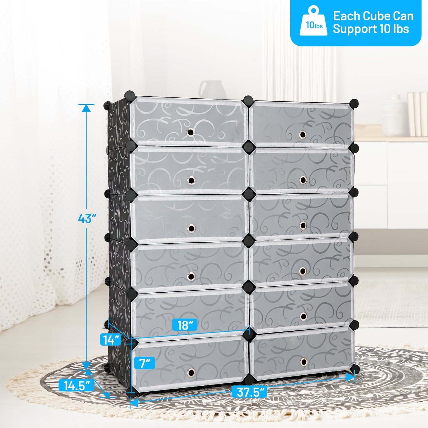 Zapatero portátil de plástico de 12 cubos DIY con puertas transparentes - Negro