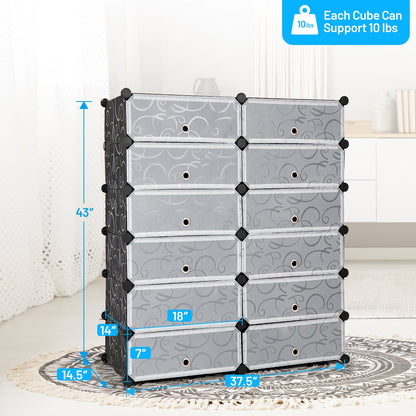 Zapatero portátil de plástico de 12 cubos DIY con puertas transparentes - Negro