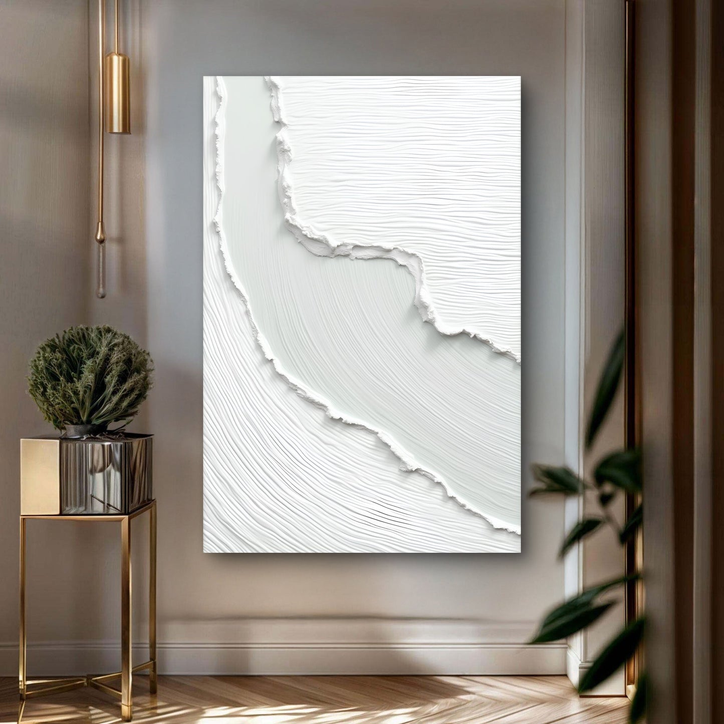 Abstract Minimalist Wave canvas wall art by Tailored Canvases, white textured with torn edge on Tampa Home & Garden Store