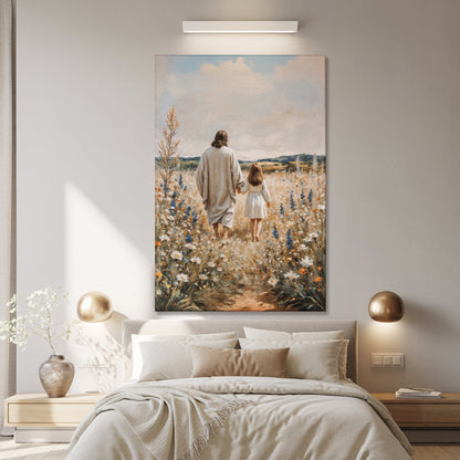 Steps of Faith wall art canvas by Tailored Canvases, man and girl walking amid wildflowers on Tampa Home & Garden Store