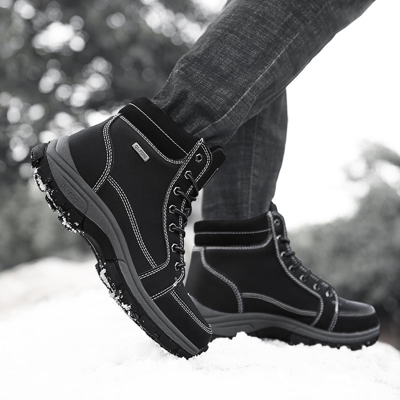 Stevvex men's black winter boots with high ankle, lace-up, white stitching on Tampa Home & Garden Store