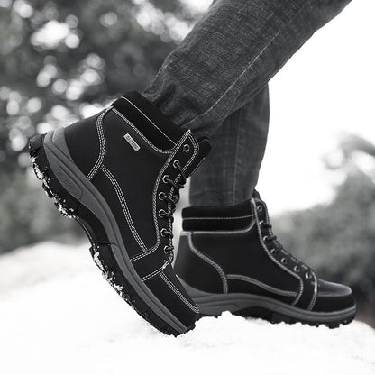 Stevvex men's black winter boots with high ankle, lace-up, white stitching on Tampa Home & Garden Store
