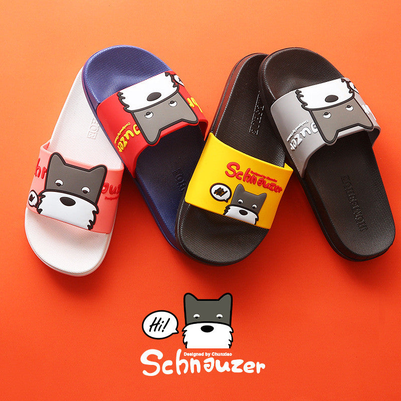 Kids dog-themed slide sandals set in four colorways with cushioned soles and schnauzer logo on Tampa Home & Garden Store
