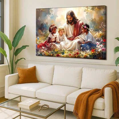 Jesus With Children Faith Wall Art VI canvas by Tailored Canvases in a vibrant garden scene on Tampa Home & Garden Store