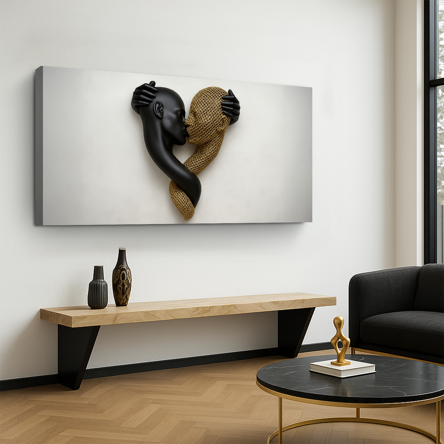 Eternal Love Figure Abstract Wall Art IV canvas; black and gold mesh hands form a heart on Tampa Home & Garden Store