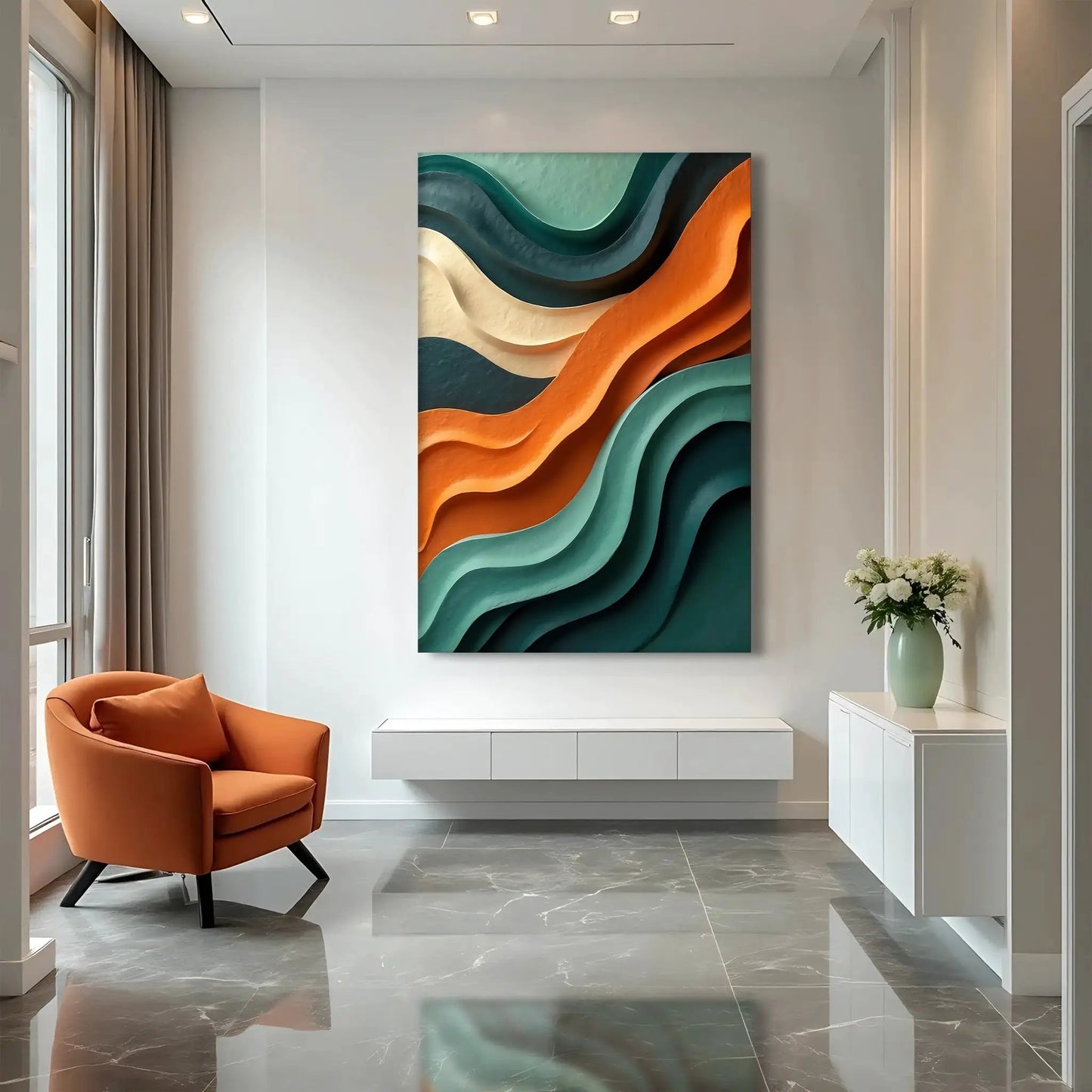 Wave Abstract Wall Art canvas by Tailored Canvases in teal orange cream wave design for living on Tampa Home & Garden Store