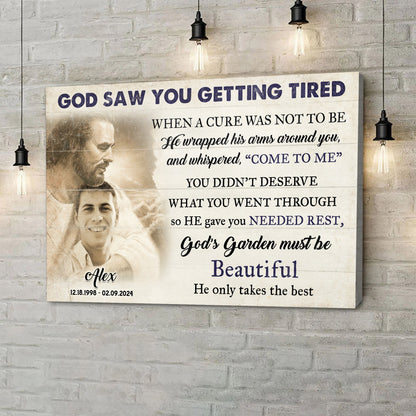 Personalized God Saw You Getting Tired Memorial Sign II canvas with vintage script and portraits on Tampa Home & Garden Store
