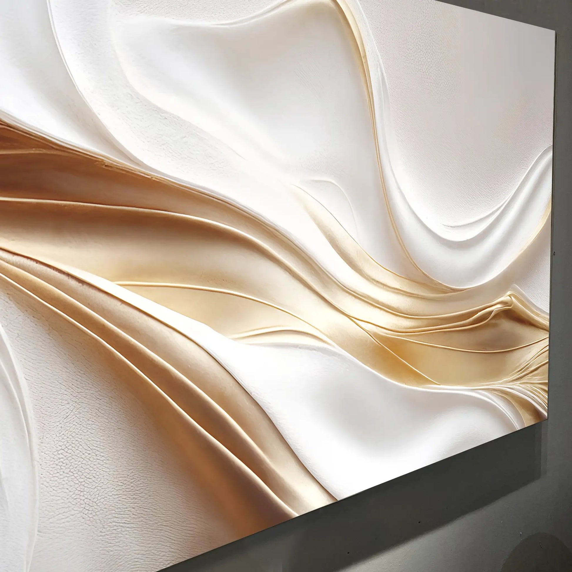 White and Gold Abstract Wall Art canvas with flowing satin-like ribbons Tailored Canvases on Tampa Home & Garden Store