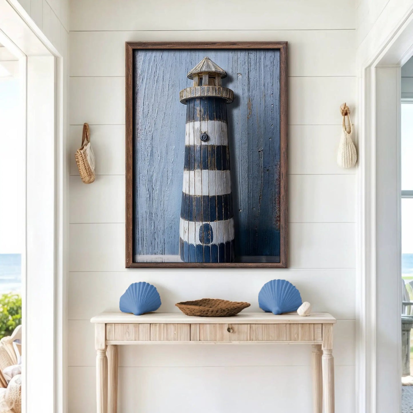 Wooden Lighthouse Coastal Wall Art canvas with weathered blue backdrop Tailored Canvases on Tampa Home & Garden Store