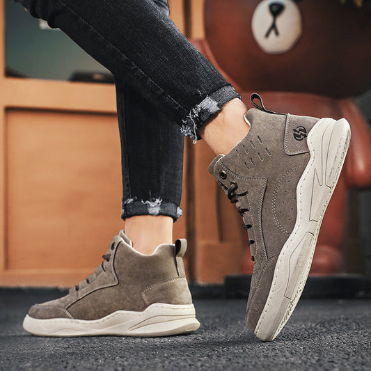 Stevvex men's suede high-top sneakers pair in brown with lace-up and white sole on Tampa Home & Garden Store