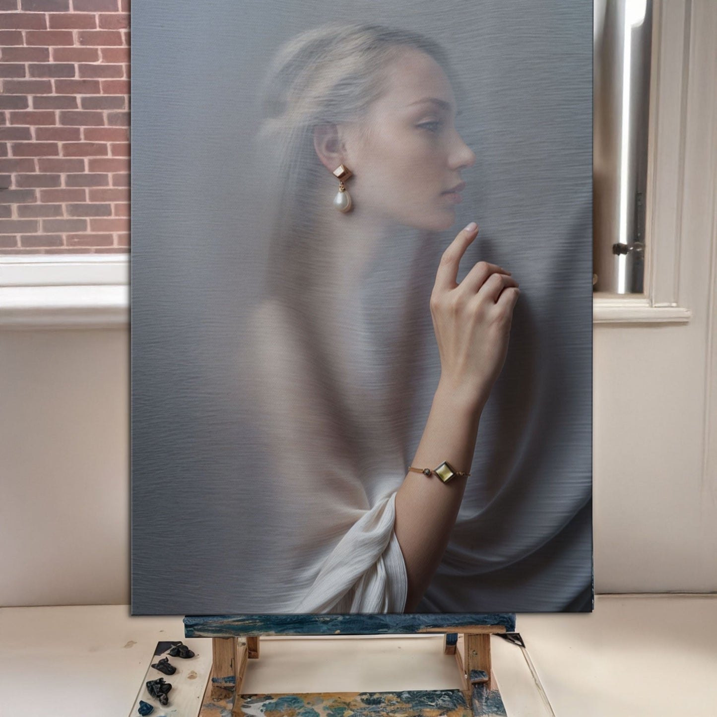 Behind Curtain Wall Art canvas by Tailored Canvases, profile of a woman behind sheer fabric on Tampa Home & Garden Store